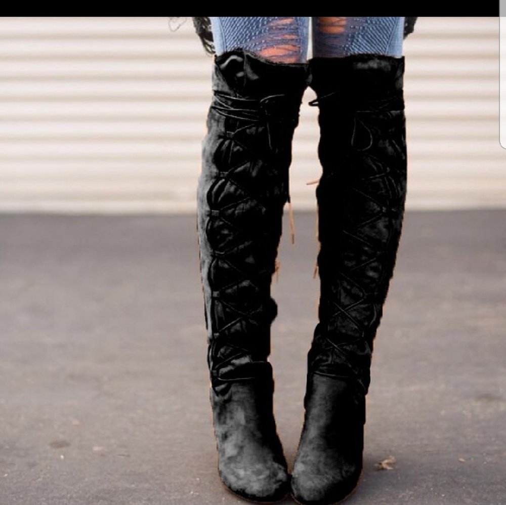 Black suede lace up heeled boots